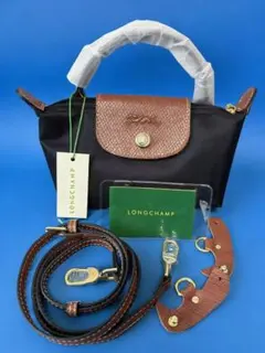 ロンシャン トート ショルダーバッグ プリアージュ XS ミニバッグ黒/茶@7