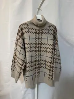 韓国ニット ベージュ チェック柄 タートルネック ニット