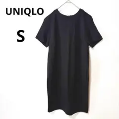 美品 UNIQLO S ブラック ポンチ半袖ワンピース 膝丈 丸首 シンプルのサムネイル