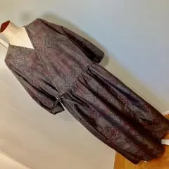 ロング丈！　大島紬　茶系　幾何学柄　着物ワンピース　カシュクール風　リメイク