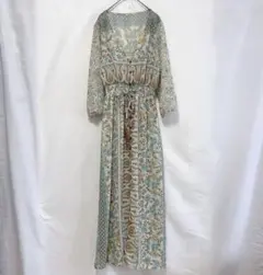 ★ロングワンピース XL エスニック花柄 Vネック長袖 前開き XL 羽織り　夏