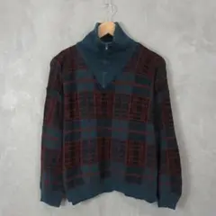 vintage フランス製 GINALB ニット チェック柄 ハーフジップ