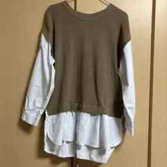 ベージュシャツ重ね着風ニットセーター　Lサイズ