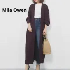 Mila Owen ダークブラウン ニットロングコート ウエスト紐付きノーカラー