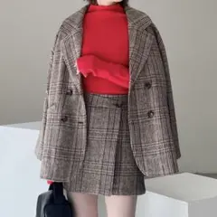 レディース　セットアップ　ダブルボタンジャケット　ラップミニスカート　チェック