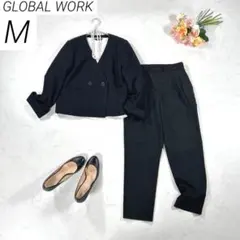 グローバルワーク　パンツスーツ　オフィスウェア　　ツイード　ノーカラー　黒　M