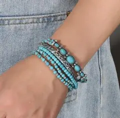 ブレスレット 5本セット ターコイズ レディース メンズ 重ね付け アクセサリー