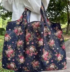 大きめのエコバッグ 薔薇 花柄買い物袋 折りたたみ 1袋 男女兼用 大容量収納