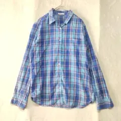 GU 先染め 長袖シャツ チェック S 爽やかな青系