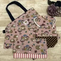 布小物4点セット ハリネズミ柄 トートバッグ.ポーチ.ボトルカバー.マルチケース