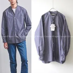 UNITED ARROWS カリビアーナミルズ ストライプ バンドカラーシャツ