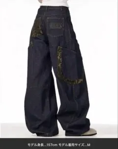 レオパード柄アクセントポケットデニムカーブパンツ/ワイドパンツ