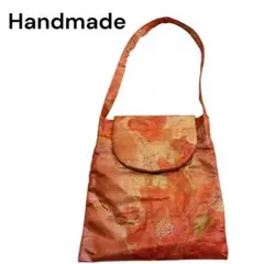 【ハンドメイド】着物バッグ 帯 リメイク 朱色 トートバッグ ショルダー 花柄