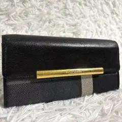 ブルーレーベルクレストブリッジ 長財布 CBチェック フラップ ゴールド金具 黒