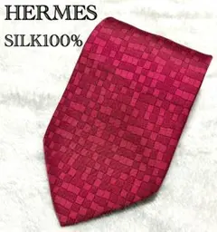 HERMES エルメス 幾何学模様 総柄 ネクタイ シルク メンズ レッド