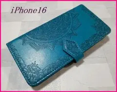 iPhone16 用 スマホケース 手帳型 浮彫曼荼羅 ブルー 青色
