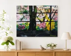 咲き誇る庭の花を眺める油絵の風景画　F20号キャンバス　原画　作品証明書付　油彩のサムネイル
