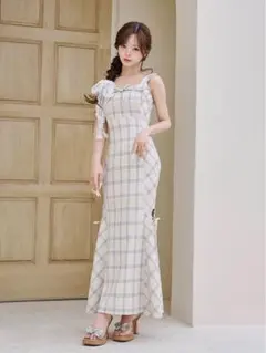 Darichオープンリボンチェックロングワンピース