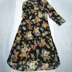 ZARAザラ　 花柄 シアーシャツ ロング丈 長袖　黒　M