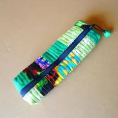 手作り　ふでばこ　ハンドメイド　物入れ　布製　緑柄　ポーチ　ペンケース