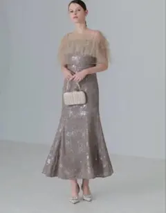 LEJA LUXE】シャギーショルダーリボンスパンコールIラインドレス 