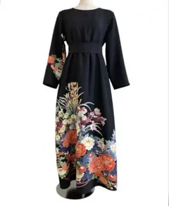 留袖ワンピース　留袖ドレス　着物リメイクロングワンピース　ハンドメイド　黒留袖