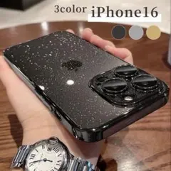 iPhone16 ケース メタリック カメラレンズ保護 キラキラ ブラック
