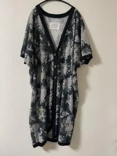 iS ScoLar イズスカラー　花鳥柄　シアー　半袖カーディガン　ロング丈　M