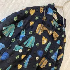 ブラウス ヴィンテージ 総柄 花柄 レトロポップ ガーリー 紺色 緑 日本製