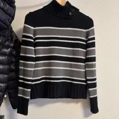 ストライプ タートルネックニット 長袖 ブラック グレー ホワイト