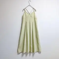 ワンピース　キャミワンピ　ロング　パステルグリーン　黄緑　ジャガード　F 古着