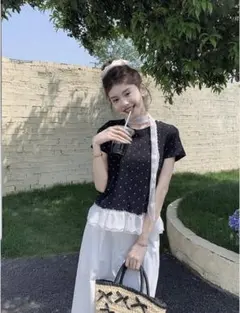 SHEIN 97696556 ドットTシャツ[ブラック]