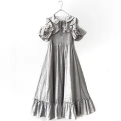 エブリン　フリルロングワンピース　チェック　ドット　レース　グレー　フリーサイズ