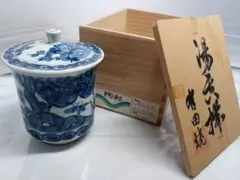 有田焼 蓋付き 湯呑 染付草花蝶 茶碗蒸 木箱入り 骨董 アンティーク レトロ