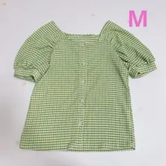 韓国風 グリーンチェック パフスリーブ ブラウス