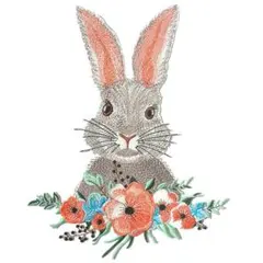 w8180【特大】うさぎと花 ワッペン 刺繍アップリケ 1枚【リメイク素材】