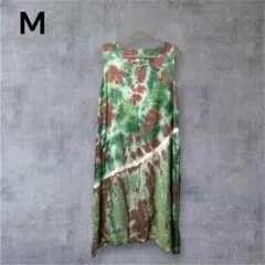 ワンピース グリーン M ロング丈 シャツワンピ ノースリーブ 柄 丸首 薄手