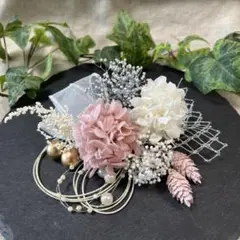 ドライフラワー髪飾り　結婚式成人式卒業式七五三髪飾り　ピンクホワイトリボン水引き