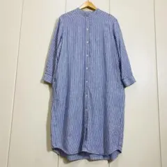 無印良品 フレンチリネン ストライプ バンドカラーシャツワンピース
