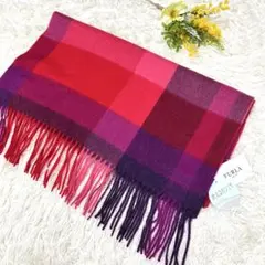 新品　フルラ　洗えるカシミヤ100%マフラー　チェック柄　フリンジストール　赤