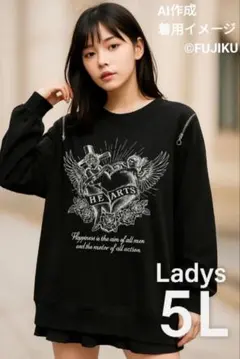 【未使用タグ付】地雷系 HEARTS 天使×薔薇プリント 黒トレーナー 5L