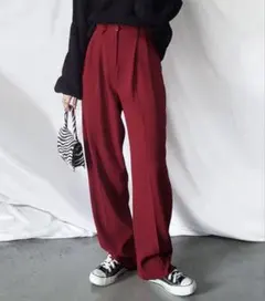 ミームセレクト 太ベルトハイウエストカラータックスラックス ボルドー S