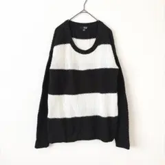 a.n.a ボーダー クルーネック 長袖ニット L 黒 白 モノトーン ゆったり