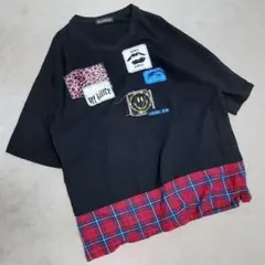 ヘルキャットパンクス チェック切り替え パッチ付き ビッグTシャツ 黒のサムネイル