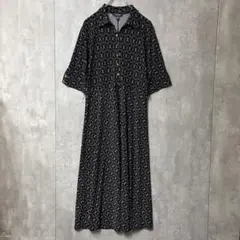 ローレンラルフローレン シャツワンピース チェーン柄 金ボタン 黒 L