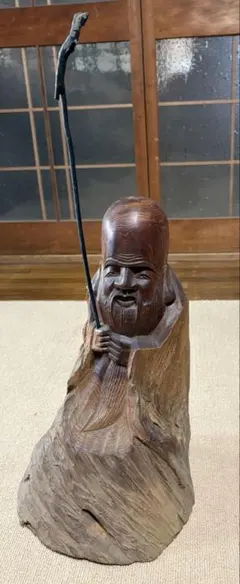 立派な天然木】木彫り 福禄寿 寿老人 置物 一木彫り（重量 約8.5kg 