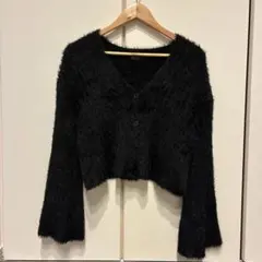 【週末SALE】黒 長袖カーディガン モヘア ファー