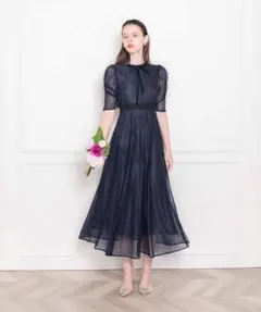 Leja】 ウエストマーク パフスリーブ 総レース ロングドレス