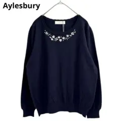 新品　Aylesbury　カシミア刺繍ニット　L　ネイビー　b5i009