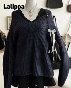 Lalippa レディース Vネック セーター ネイビーブルー
